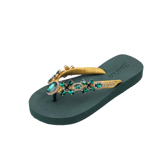 MOO´ILO Damen Sommer Zehentrenner Flipis Sandale 'Darkgreen Band gold' (handgestickt) - Ultraweiche Sohle - Design, made in Germany (eu_footwear_size_system, adult, women, numeric, medium, numeric_39) von MOO´ILO