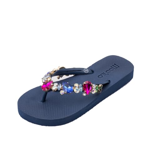 MOO´ILO Damen Sommer Zehentrenner Sandale 'Navy Colorful' (handgestickt) - Ultraweiche Sohle - Design, made in Germany (eu_footwear_size_system, adult, women, numeric, medium, numeric_40) von MOO´ILO