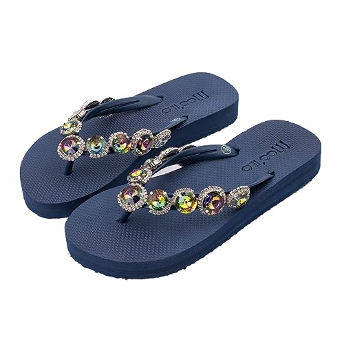 MOO´ILO Damen Sommer Zehentrenner Sandale 'Navy Rainbow' (handgestickt) - Ultraweiche Sohle - Design, made in Germany (eu_footwear_size_system, adult, women, numeric, medium, numeric_40) von MOO´ILO