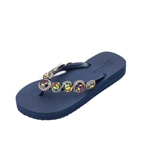 MOO´ILO Damen Sommer Zehentrenner Sandale 'Navy Rainbow' (handgestickt) - Ultraweiche Sohle - Design, made in Germany (eu_footwear_size_system, adult, women, numeric, medium, numeric_42) von MOO´ILO