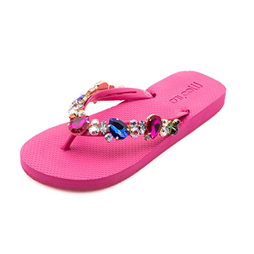 MOO´ILO Damen Sommer Zehentrenner Sandale Pink Colorful (handgestickt) - Ultraweiche Sohle - Design, made in Germany (numeric_37) von MOO´ILO