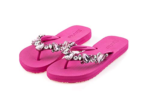 MOO´ILO Damen Sommer Zehentrenner Sandale 'Pink Pink' mit farbigen Strass Steinchen (handgestickt) - Ultraweiche Strandsandale mit natürlicher Barfußgefühl Spezial Sohle | EU39 von MOO´ILO