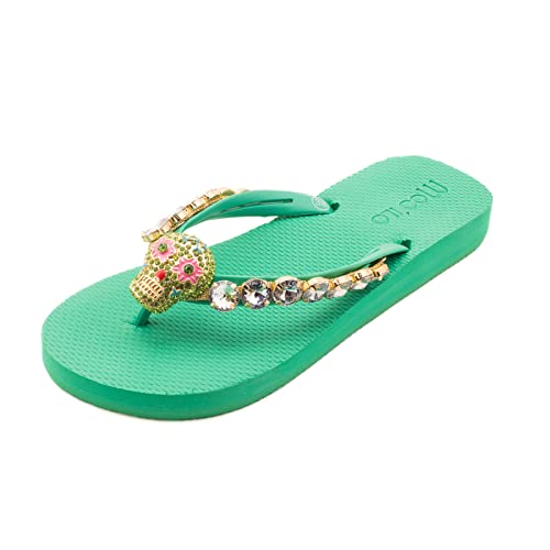 MOO´ILO Damen Sommer Zehentrenner Sandale Totenkopf mit Strass Steinchen (handgestickt) - Ultraweiche Sohle mit natürlichem Barfußgefühl - Design, made in Germany (Grün, numeric_40) von MOO´ILO