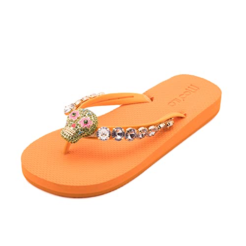 MOO´ILO Damen Sommer Zehentrenner Sandale Totenkopf mit Strass Steinchen (handgestickt) - Ultraweiche Sohle mit natürlichem Barfußgefühl - Design, made in Germany (Orange, numeric_37) von MOO´ILO