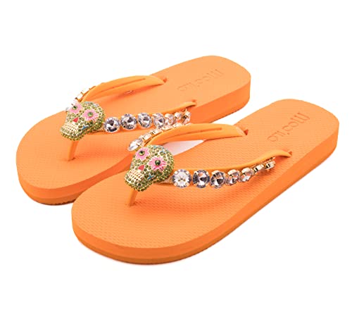 MOO´ILO Damen Sommer Zehentrenner Sandale Totenkopf mit Strass Steinchen (handgestickt) - Ultraweiche Sohle mit natürlichem Barfußgefühl - Design, made in Germany (Orange, numeric_38) von MOO´ILO