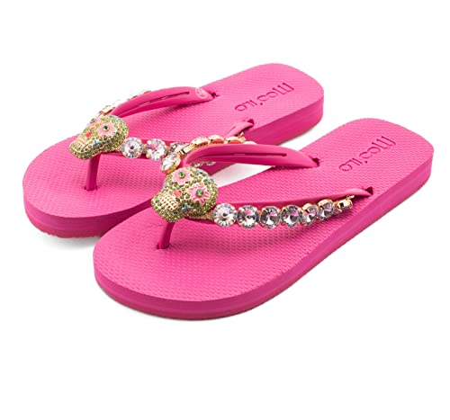 MOO´ILO Damen Sommer Zehentrenner Sandale Totenkopf mit Strass Steinchen (handgestickt) - Ultraweiche Sohle mit natürlichem Barfußgefühl - Design, made in Germany (Pink, numeric_37) von MOO´ILO