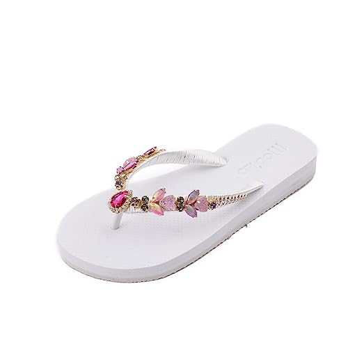 MOO´ILO Damen Sommer Zehentrenner Sandale 'Weiß Band Diamant Pink' (handgestickt) - Ultraweiche Sohle - Design, made in Germany (numeric_40) von MOO´ILO