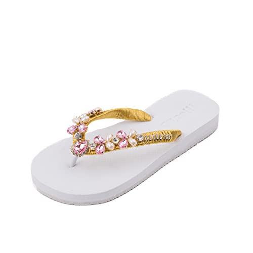 MOO´ILO Damen Sommer Zehentrenner Sandale 'Weiß Band Rose' (handgestickt) - Ultraweiche Sohle - Design, made in Germany (eu_footwear_size_system, adult, women, numeric, medium, numeric_37) von MOO´ILO