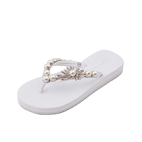 MOO´ILO Damen Sommer Zehentrenner Sandale 'Weiss-Perlen' (handgestickt) - Ultraweiche Sohle - Design, made in Germany (eu_footwear_size_system, adult, women, numeric, medium, numeric_37) von MOO´ILO