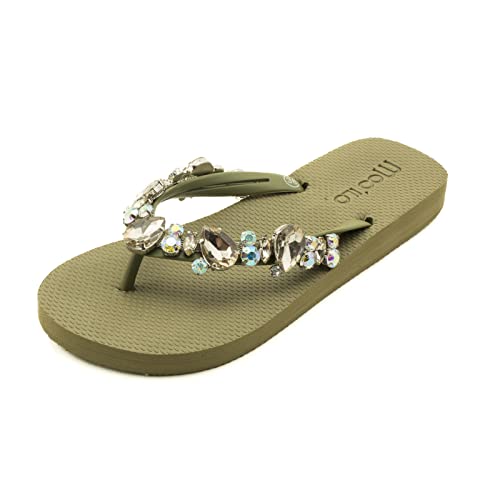 MOO´ILO Damen Sommer mooilo Zehentrenner Sandale Flip Flop mit edlen Steinen (handgestickt) - Ultraweiche Sohle - Design, made in Germany (Khaki, numeric_36) von MOO´ILO