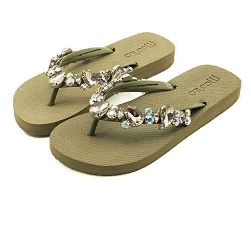 MOO´ILO Damen Sommer mooilo Zehentrenner Sandale Flip Flop mit edlen Steinen (handgestickt) - Ultraweiche Sohle - Design, made in Germany (Khaki, numeric_41) von MOO´ILO