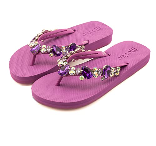 MOO´ILO Damen Sommer mooilo Zehentrenner Sandale Flip Flop mit edlen Steinen (handgestickt) - Ultraweiche Sohle - Design, made in Germany (Lila, numeric_42) von MOO´ILO