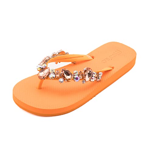 MOO´ILO Damen Sommer mooilo Zehentrenner Sandale Flip Flop mit edlen Steinen (handgestickt) - Ultraweiche Sohle - Design, made in Germany (Orange, numeric_36) von MOO´ILO