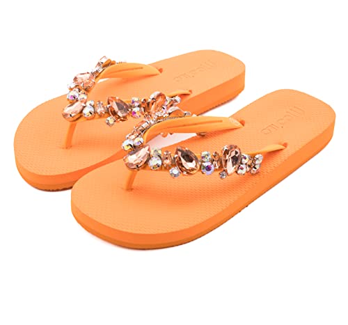 MOO´ILO Damen Sommer mooilo Zehentrenner Sandale Flip Flop mit edlen Steinen (handgestickt) - Ultraweiche Sohle - Design, made in Germany (Orange, numeric_38) von MOO´ILO