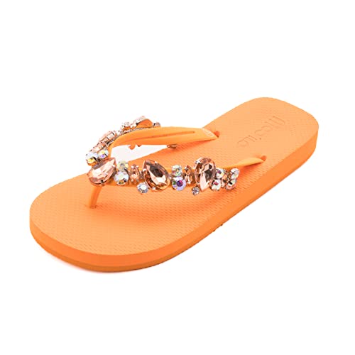 MOO´ILO Damen Sommer mooilo Zehentrenner Sandale Flip Flop mit edlen Steinen (handgestickt) - Ultraweiche Sohle - Design, made in Germany (Orange, numeric_39) von MOO´ILO