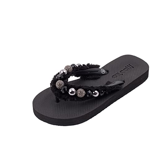 MOO´ILO Damen mooilo Sommer Zehentrenner Sandale Flip Flop mit Perlen (handgestickt) - Ultraweiche Sohle - Design, made in Germany (Schwarz, numeric_41) von MOO´ILO