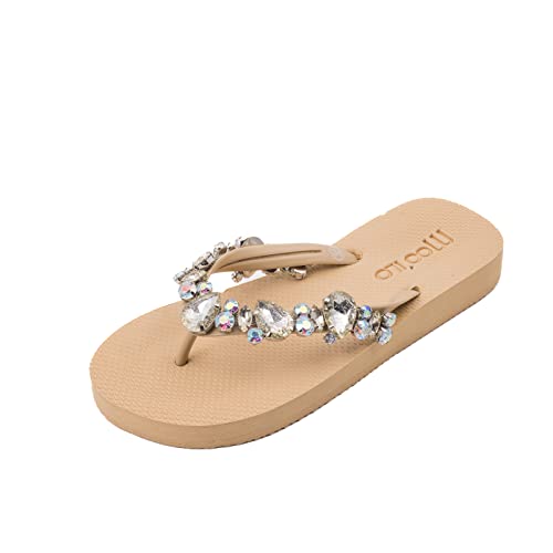 MOO´ILO Damen mooilo Sommer Zehentrenner Sandale Flip Flop mit beigen Steinchen (handgestickt) - Ultraweiche Sohle - Design, made in Germany (Beige, numeric_40) von MOO´ILO