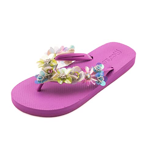 MOO´ILO Damen mooilo Sommer Zehentrenner Sandale Flip Flop mit edlem Steinen (handgestickt) - Ultraweiche Sohle - Design, made in Germany (Orchidee, numeric_37) von MOO´ILO