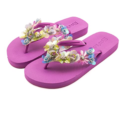 MOO´ILO Damen mooilo Sommer Zehentrenner Sandale Flip Flop mit edlem Steinen (handgestickt) - Ultraweiche Sohle - Design, made in Germany (Orchidee, numeric_37) von MOO´ILO
