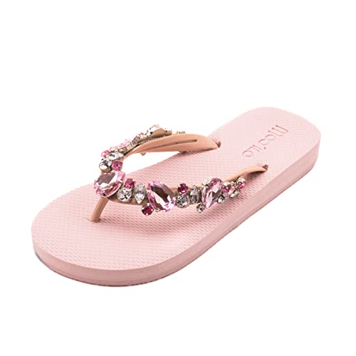 MOO´ILO Damen mooilo Sommer Zehentrenner Sandale Flip Flop mit edlem Steinen (handgestickt) - Ultraweiche Sohle - Design, made in Germany (Rose, numeric_36) von MOO´ILO