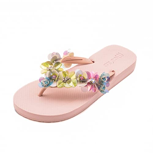 MOO´ILO Damen mooilo Sommer Zehentrenner Sandale Flip Flop mit edlem Steinen (handgestickt) - Ultraweiche Sohle - Design, made in Germany (Rose, numeric_38) von MOO´ILO