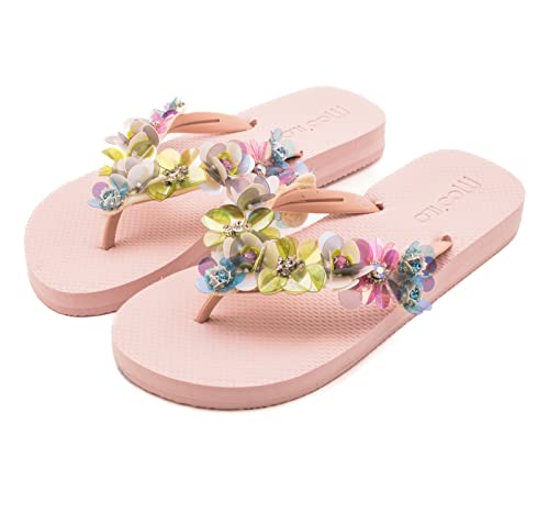 MOO´ILO Damen mooilo Sommer Zehentrenner Sandale Flip Flop mit edlem Steinen (handgestickt) - Ultraweiche Sohle - Design, made in Germany (Rose, numeric_39) von MOO´ILO