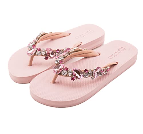 MOO´ILO Damen mooilo Sommer Zehentrenner Sandale Flip Flop mit edlem Steinen (handgestickt) - Ultraweiche Sohle - Design, made in Germany (Rose, numeric_41) von MOO´ILO