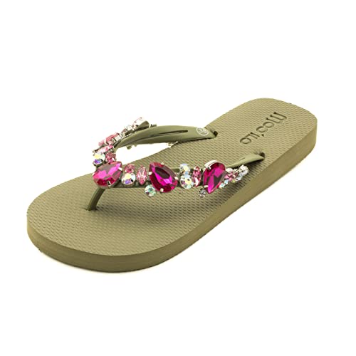 MOO´ILO Damen mooilo Sommer Zehentrenner Sandale Flip Flop mit edlem bunten Steinen (handgestickt) - Ultraweiche Sohle - Design, made in Germany (Khaki, numeric_42) von MOO´ILO