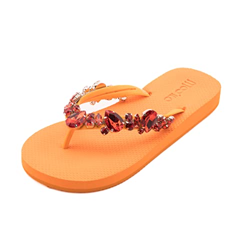 MOO´ILO Damen mooilo Sommer Zehentrenner Sandale Flip Flop mit edlem bunten Steinen (handgestickt) - Ultraweiche Sohle - Design, made in Germany (Orange, numeric_38) von MOO´ILO