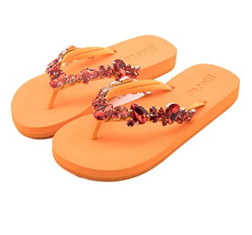 MOO´ILO Damen mooilo Sommer Zehentrenner Sandale Flip Flop mit edlem bunten Steinen (handgestickt) - Ultraweiche Sohle - Design, made in Germany (Orange, numeric_40) von MOO´ILO