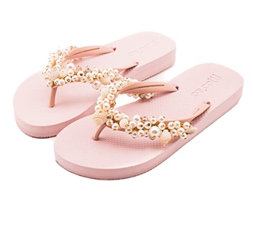 MOO´ILO Flip Flops - Mooilo - Model Chain S - Rose - mit Muscheln und Perlen, Handarbeit - Flip Flop - spezielle Sohlenkonstruktion - Design, made in Germany (Rose, numeric_38) von MOO´ILO
