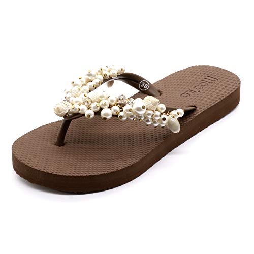 MOO´ILO Flip Flops - Mooilo - Model Chain S - mit Muscheln und Perlen, Handarbeit - Flip Flop - spezielle Sohlenkonstruktion - Design, made in Germany (Braun, numeric_36) von MOO´ILO