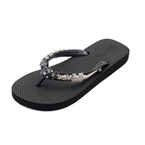 MOO´ILO Flip Flops - Mooilo -Schwarz - mit Krokodil in silber, schwarze Steine Diamantenlook Handarbeit - spezielle Sohlenkonstruktion - Design, made in Germany (Schwarz, numeric_36) von MOO´ILO