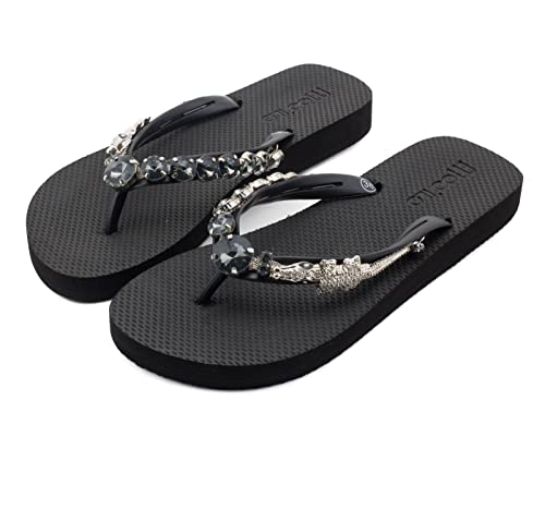 MOO´ILO Flip Flops - Mooilo -Schwarz - mit Krokodil in silber, schwarze Steine Diamantenlook Handarbeit - spezielle Sohlenkonstruktion - Design, made in Germany (Schwarz, numeric_41) von MOO´ILO