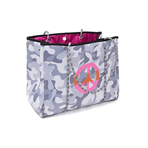 MOO´ILO Mooilo Camouflage Neopren-Tasche für Damen, zum Einkaufen, Urlaub, Reisen, Sport, Büro, Schule, Pool, Strand, Design - made in Germany (L, Camouflage grau hell - peace) Size L 40 x 24 x 32 cm von MOO´ILO