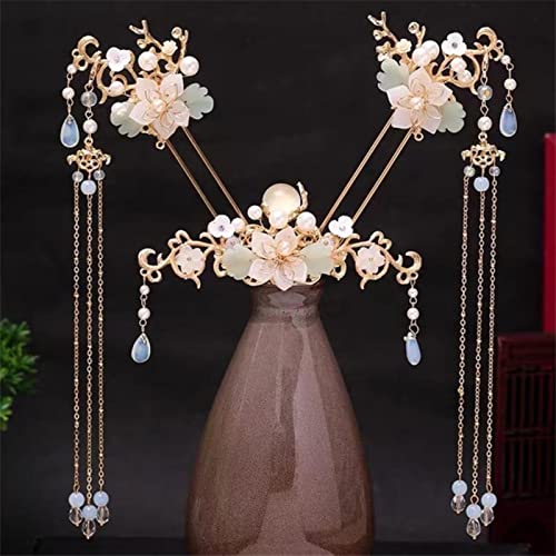 Chinesische Haar-Accessoires Frauen Blumen Perlen Haarnadeln Lange Quaste Kopfschmuck Sticks Haarkamm Brautschmuck Sets von MOOCO MORNING