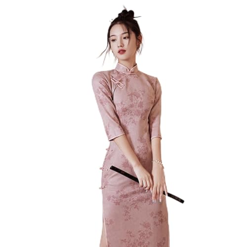 MOOCO MORNING Cheongsam Qipao Chinesisches Kleid Modern Rosa Verbessert Cheongsam Retro Abend High-End Kleid Cheongsam Elegant Floral Frauen Kleid von MOOCO MORNING