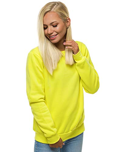 MOODOZ Damen Sweatshirt Pullover Langarm Farbvarianten Langarmshirt Pulli ohne Kapuze Baumwolle Baumwollemischung Classic Basic Rundhals-Ausschnitt Sport 777/09099B GELB-NEON L von MOODOZ