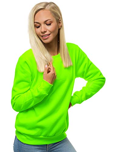 MOODOZ Damen Sweatshirt Pullover Langarm Farbvarianten Langarmshirt Pulli ohne Kapuze Baumwolle Baumwollemischung Classic Basic Rundhals-Ausschnitt Sport 777/09099B GRÜN-NEON L von MOODOZ