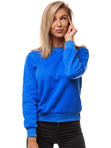 MOODOZ Damen Sweatshirt Pullover Langarm Farbvarianten Langarmshirt Pulli ohne Kapuze Baumwolle Baumwollmischung Classic Basic Rundhals-Ausschnitt Sport JS/W001 BLAU L von MOODOZ