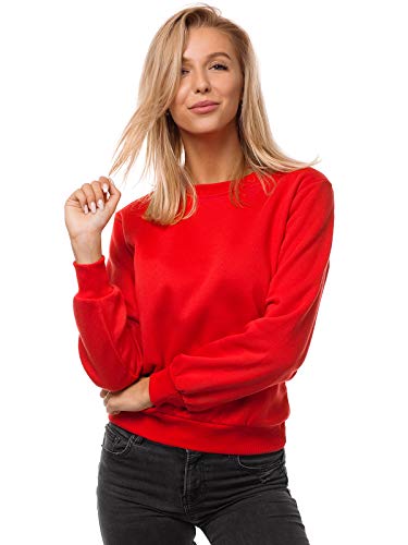 MOODOZ Damen Sweatshirt Pullover Langarm Farbvarianten Langarmshirt Pulli ohne Kapuze Baumwolle Baumwollmischung Classic Basic Rundhals-Ausschnitt Sport JS/W001 ROT L von MOODOZ