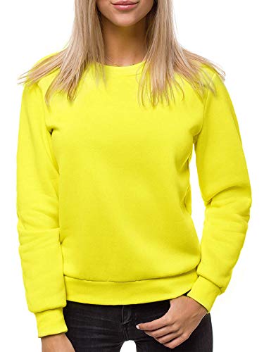 MOODOZ Damen Sweatshirt Pullover Langarm Farbvarianten Langarmshirt Pulli ohne Kapuze Baumwolle Baumwollmischung Classic Basic Rundhals-Ausschnitt SportJS/W001Z GELB-NEON L von MOODOZ