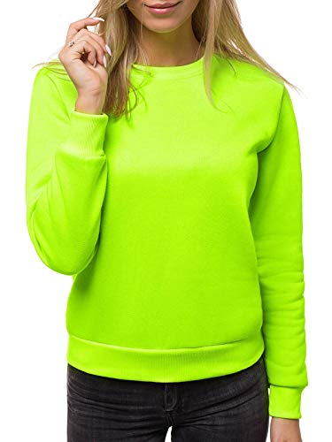 MOODOZ Damen Sweatshirt Pullover Langarm Farbvarianten Langarmshirt Pulli ohne Kapuze Baumwolle Baumwollmischung Classic Basic Rundhals-Ausschnitt SportJS/W001Z GRÜN-NEON L von MOODOZ