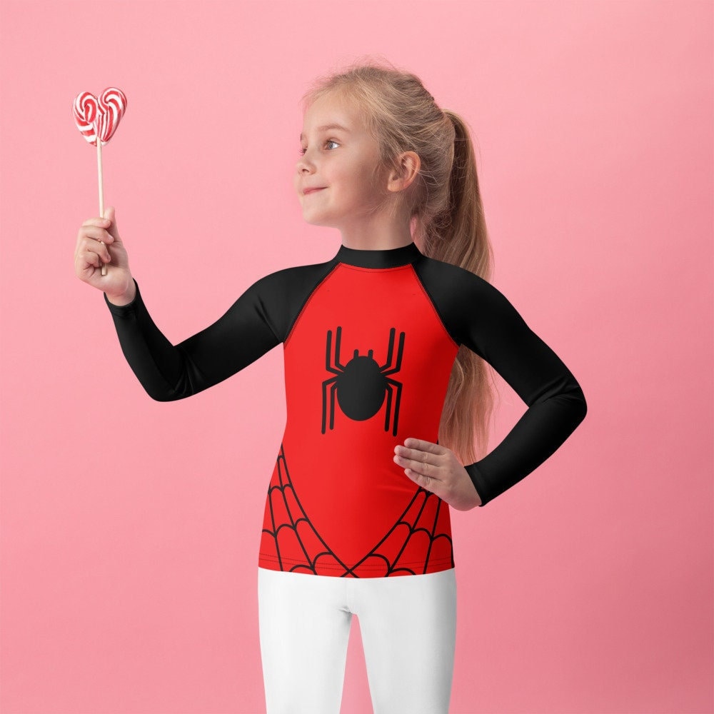 Spider Web Kids Rash Guard Spiderweb Shirt Für Mädchen, Jungen Superheldenkostüm, Kinder Spinnenkostüm, Spider Hero Top Rot Und Schwarz von MOODYsunday