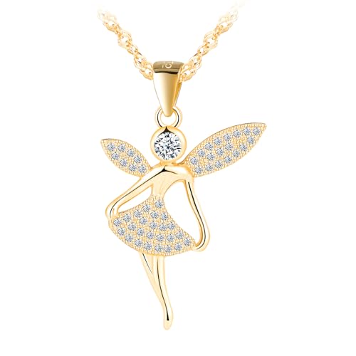 Engel Anhänger Kette Halskette Mädchen Damen Silber 925 mit Zirkon Schön Elegant Fee Kette für Tochter Freundin Frau Mama Tänzerin Frauen Schmuck Geburtstage Valentinstag Muttertag Geschenk Gold von MOOFUN