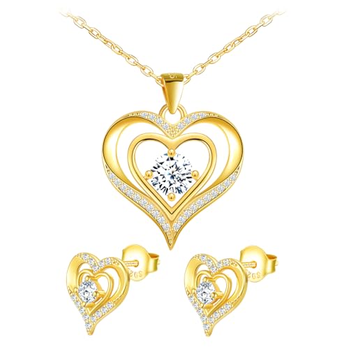 Herz Schmuck Set Damen Halskette Ohrstecker Silber 925: Funkelnd Ästhetik Anhänger Kette Ohrringe Stecker Hypoallergen Modeschmuck für Mama Frau Freundin - Geburtstage Jahrestage Geschenk Gold von MOOFUN