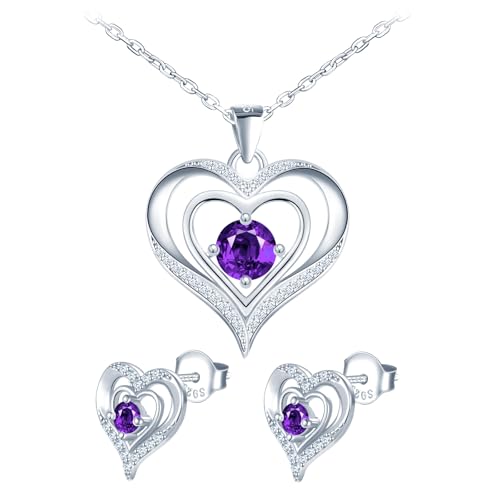 Herz Schmuck Set Damen Halskette Ohrstecker Silber 925: Funkelnd Ästhetik Anhänger Kette Ohrringe Stecker Hypoallergen Modeschmuck für Mama Frau Freundin - Geburtstage Jahrestage Geschenk Lila von MOOFUN