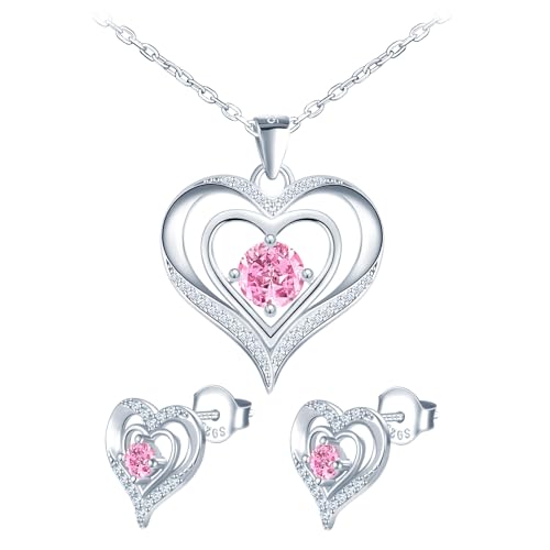 Herz Schmuck Set Damen Halskette Ohrstecker Silber 925: Funkelnd Ästhetik Anhänger Kette Ohrringe Stecker Hypoallergen Modeschmuck für Mama Frau Freundin - Geburtstage Jahrestage Geschenk Rosa von MOOFUN