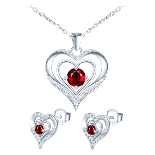 Herz Schmuck Set Damen Halskette Ohrstecker Silber 925: Funkelnd Ästhetik Anhänger Kette Ohrringe Stecker Hypoallergen Modeschmuck für Mama Frau Freundin - Geburtstage Jahrestage Geschenk Rot von MOOFUN