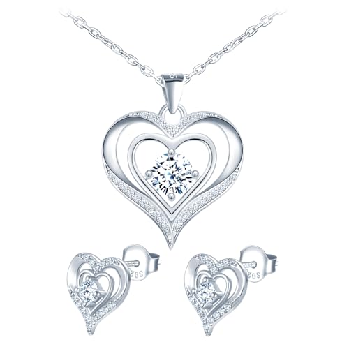 Herz Schmuck Set Damen Halskette Ohrstecker Silber 925: Funkelnd Ästhetik Anhänger Kette Ohrringe Stecker Hypoallergen Modeschmuck für Mama Frau Freundin - Geburtstage Jahrestage Geschenk Silber von MOOFUN
